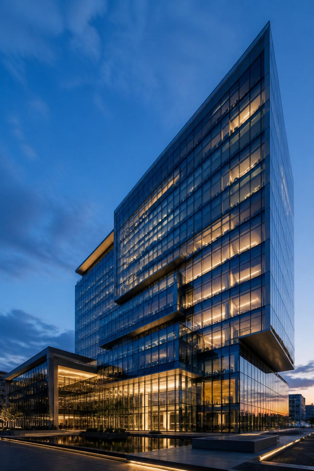 Modern glass corporate headquarters at dusk